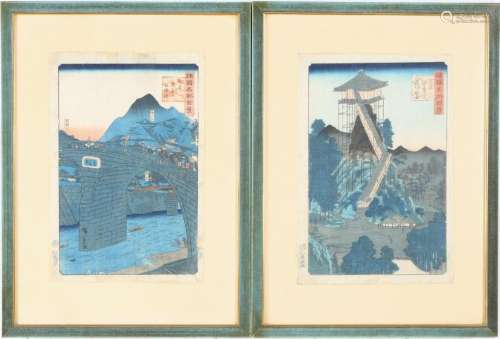 Japan 2 colored woodcuts Meiji-Dynastie, japanese woodcut,