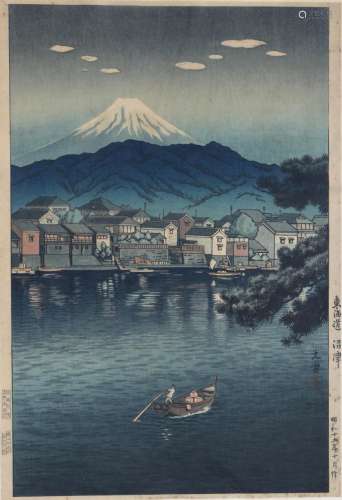 Japan Meiji 1868-1912 woodcut coast village view on Mount Fu...
