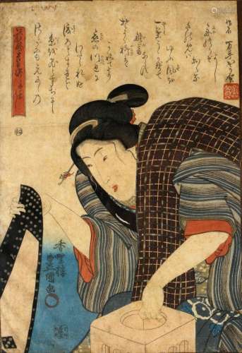 Japan Meiji-Periode woodcut female dicer, Farbholzschnitt Wü...