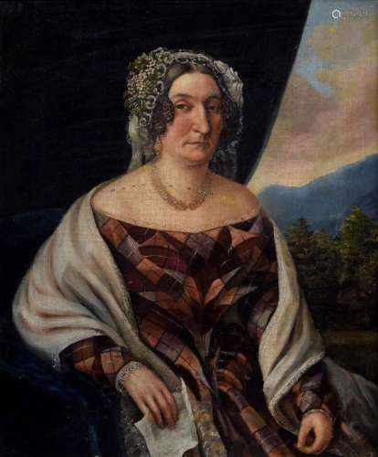 Unknown painter around 1840 "Lady in checkered dress wi...