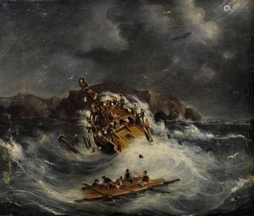 Unknown painter of the 19th c. "Shipwreck in stormy sea...
