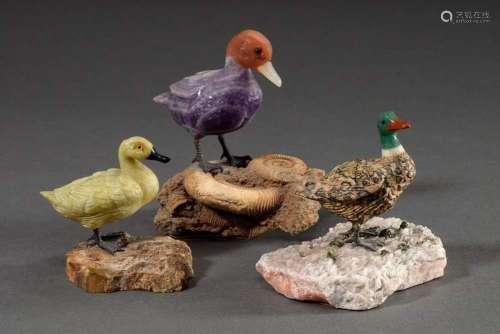 3 Modern gemstone carvings "Crouching Ducks" on cr...