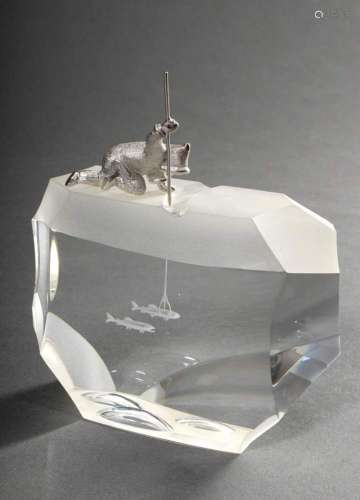 Modern Steuben glass object "Hunting Inuit on an ice fl...