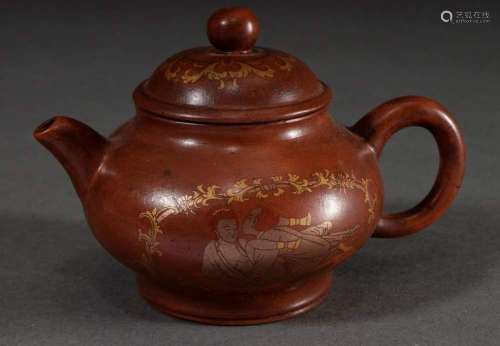 Small Chinese Yixing pottery stoneware teapot with printed g...