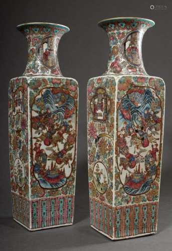Pair of large angular porcelain vases with Famille Rose pain...