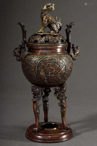 Richly decorated bronze incense burner with figural relief s...