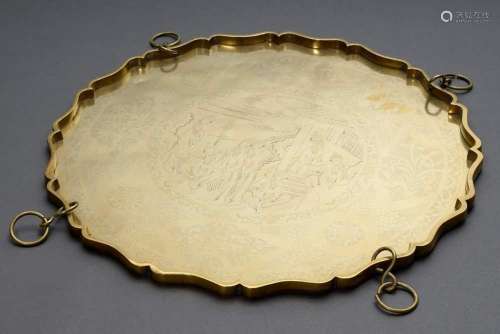 Large Chinese brass tray with curved rim and engraved decora...