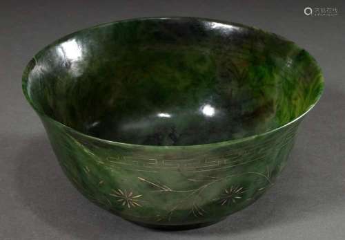 An especially large Chinese spinach jade bowl with floral si...