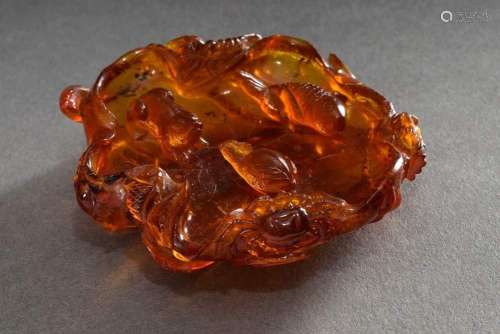 Fine amber carving "lotus leaf with water animals"...