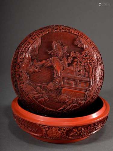 Large round red lacquer lidded box with extremely fine relie...