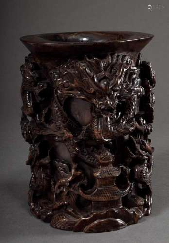 Large hardwood brush cup with detailed carved relief "F...