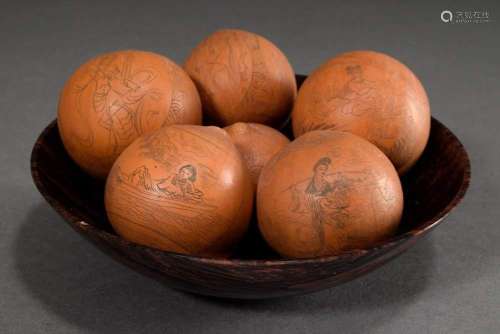 6 ornamental gourds with fine figural incised drawing (Ø 4-5...