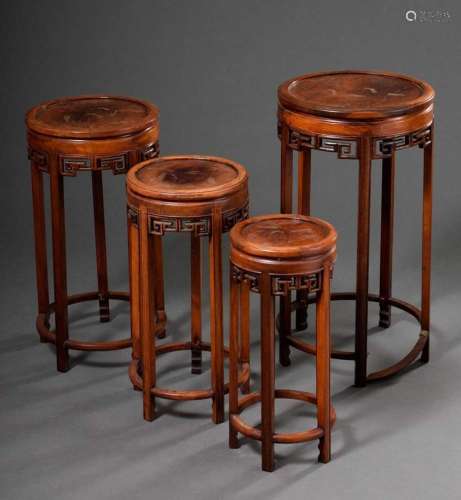 Four-piece redwood table nest of four different sized stools...