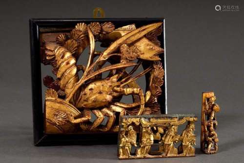 3 Various Chinese furniture carvings "Crayfish and fish...