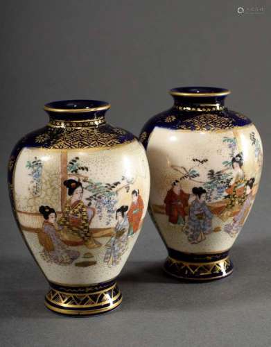Pair of small Satsuma vases with polychrome "genre scen...