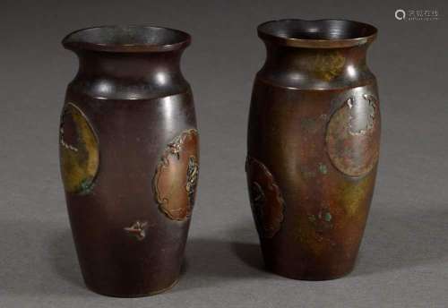 Pair of small Japanese bronze vases with Shakudo decorations...