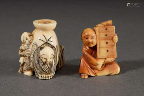 2 Various ivory netsuke "Man with wooden box" and ...