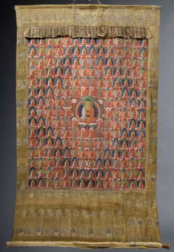 Thangka "Ratnasambhava Buddha in rainbow aureole surrou...
