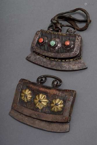 2 Various Tibetan lighter pouches, iron and leather with bra...
