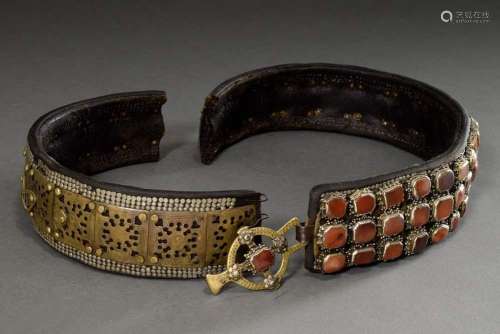 Heavy leather belt with brass and agate applications, Yemen,...