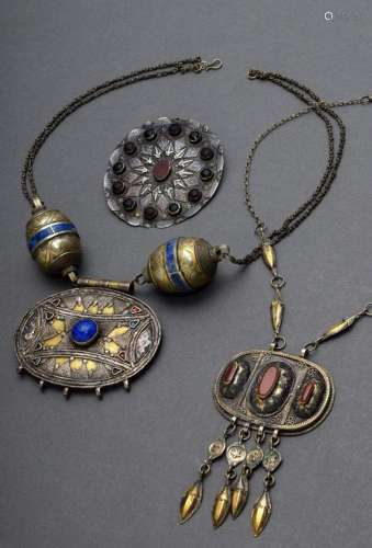 3 Various pieces of silver Turkmen jewellery set with lapis ...