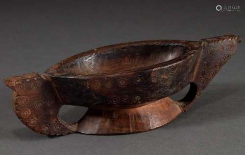 Indian opium water bowl of oval form with side handles and s...