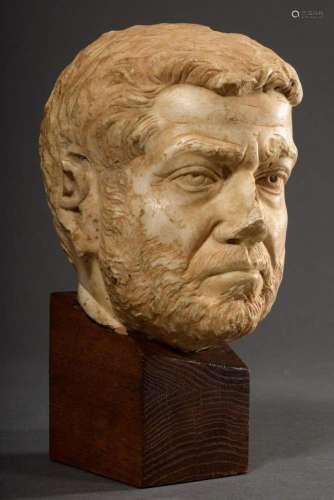 Roman "male head" with expressive physiognomy, plu...