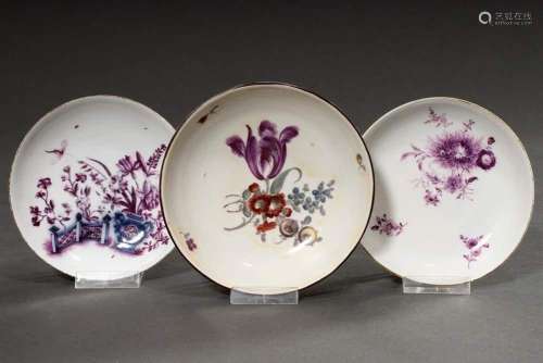 3 Various Meissen and Ludwigsburg saucers with purple camaie...