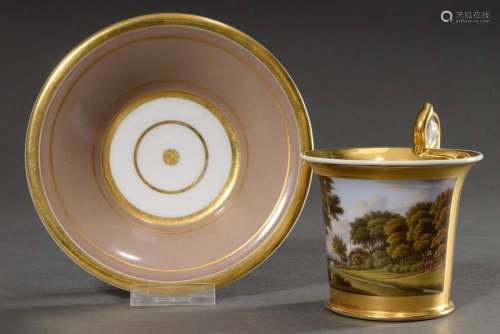 Early Biedermeier porcelain view cup/saucer with fine painti...