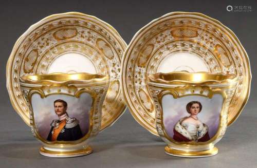 Pair of large Biedermeier porcelain cups/saucers with finely...