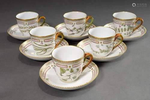 6 Royal Cophenhagen "Flora Danica" coffee cups/sau...