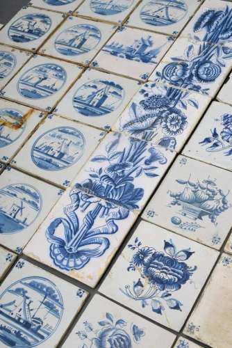 48 Various Dutch tiles with different blue painting decorati...