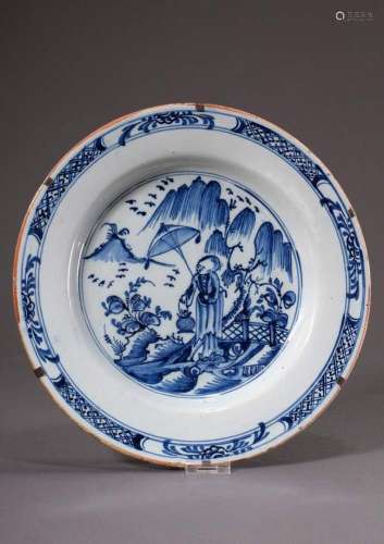 Faience plate with blue painting chinoiserie decor "Gar...