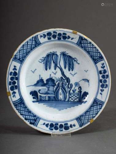 Small faience plate with blue painting "Landscape"...