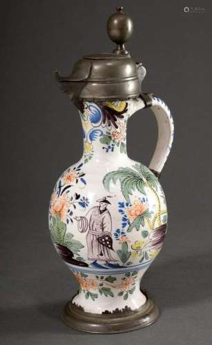 Faience narrow neck jug with polychrome chinoiserie decorati...
