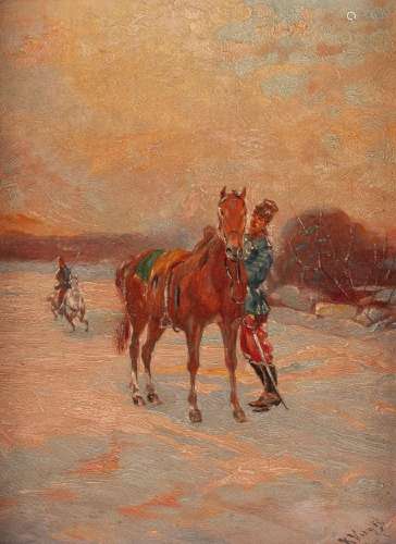 K. VIRGEL K. VIRGEL HUSAR MIT PFERD IN WINTERLANDSCHAFT