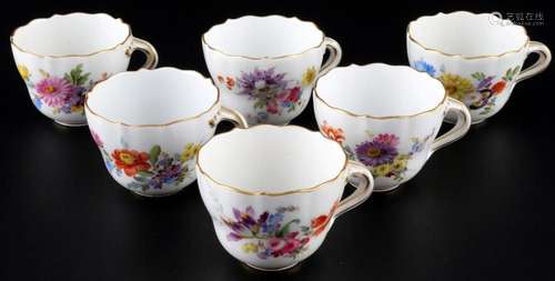 Meissen Flower Bouquet 6 mocha coffee cups 1st choice, Mokka...