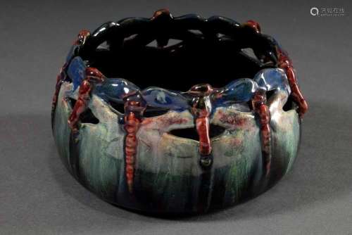Art Nouveau ceramic bowl with multi-coloured river glaze and...