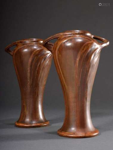 Pair of elegant Art Nouveau ceramic vases with vegetal handl...