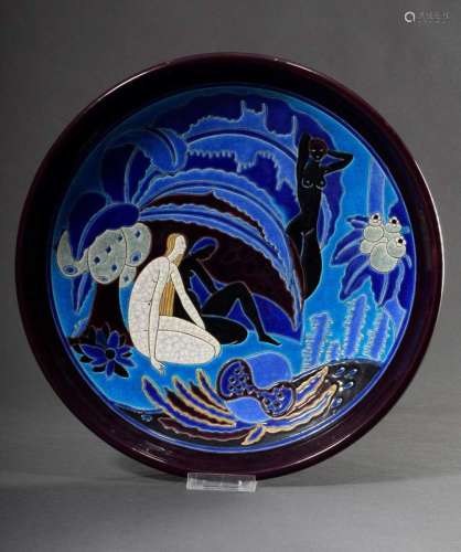 Rare Longwy Art Deco bowl with enamel painting in blue tones...