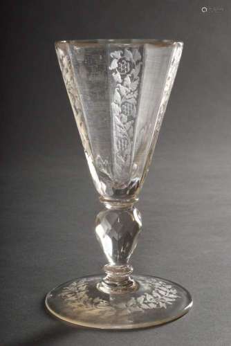Baroque goblet glass on a wide, floral engraved plate base w...