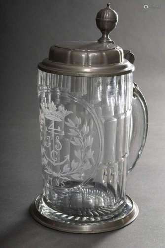 Large glass roller jug with pewter mount, cut monogram and d...
