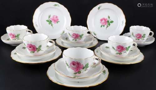 Meissen Red Rose 6 coffee cups with dessert plates, Kaffeege...