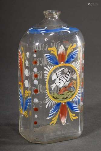 Octagonal brandy bottle with coloured enamel painting "...