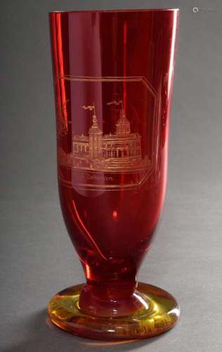 Tall red Biedermeier bath glass with finely cut, gilded view...