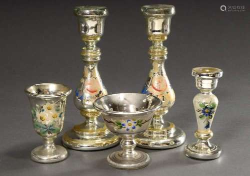 5 Various pieces of mercury silver: 2 goblets and 3 candlest...