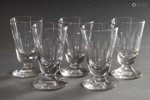 5 Rustic wine glasses with half surface cut, colourless glas...