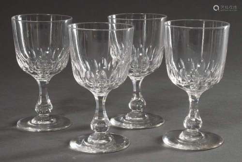 4 Large wine glasses with olive cut on faceted baluster stem...