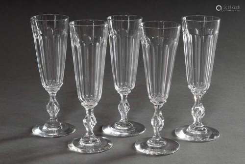 5 Classic champagne flutes with surface cut, faceted nodus a...