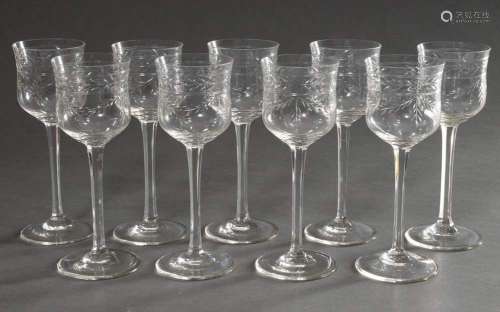 9 wine glasses with goblet-shaped dome and floral cut "...